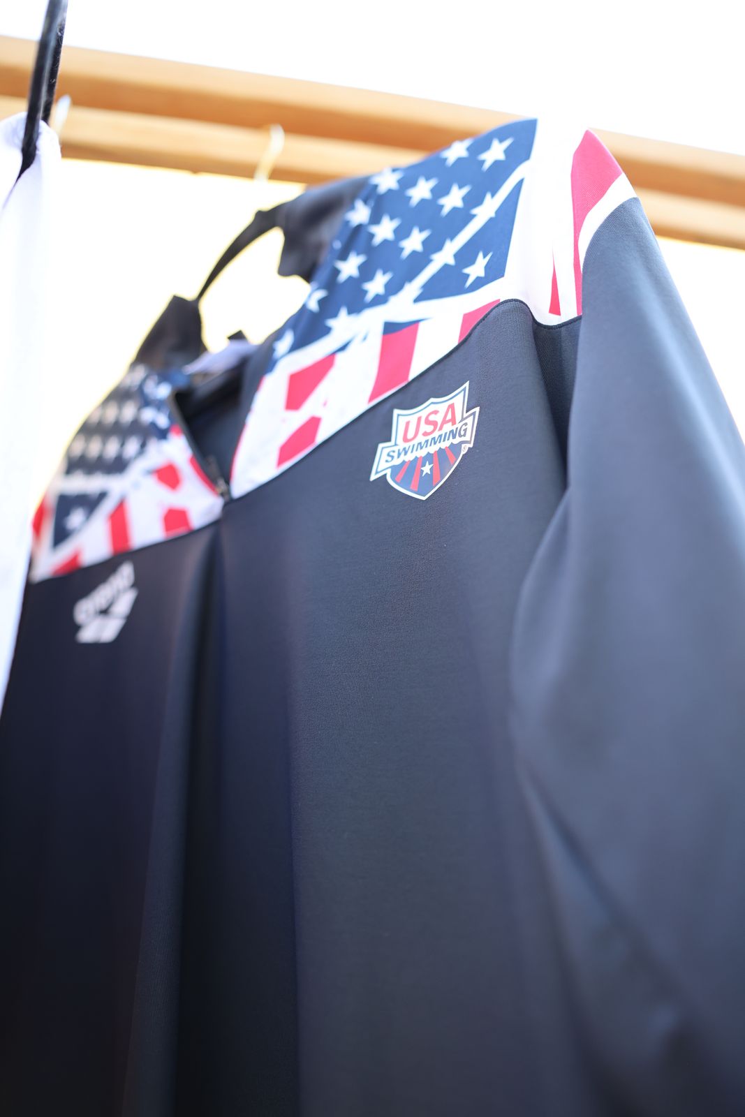 USA Swimming arena quarter-zip on the line, shield logo and flag shoulders
