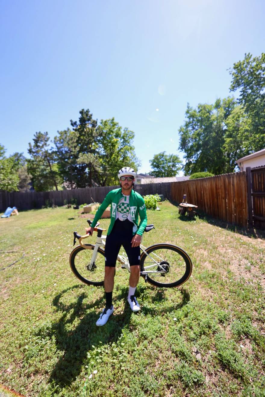 Carter Luense in kit with his bike, Westminster, Colorado