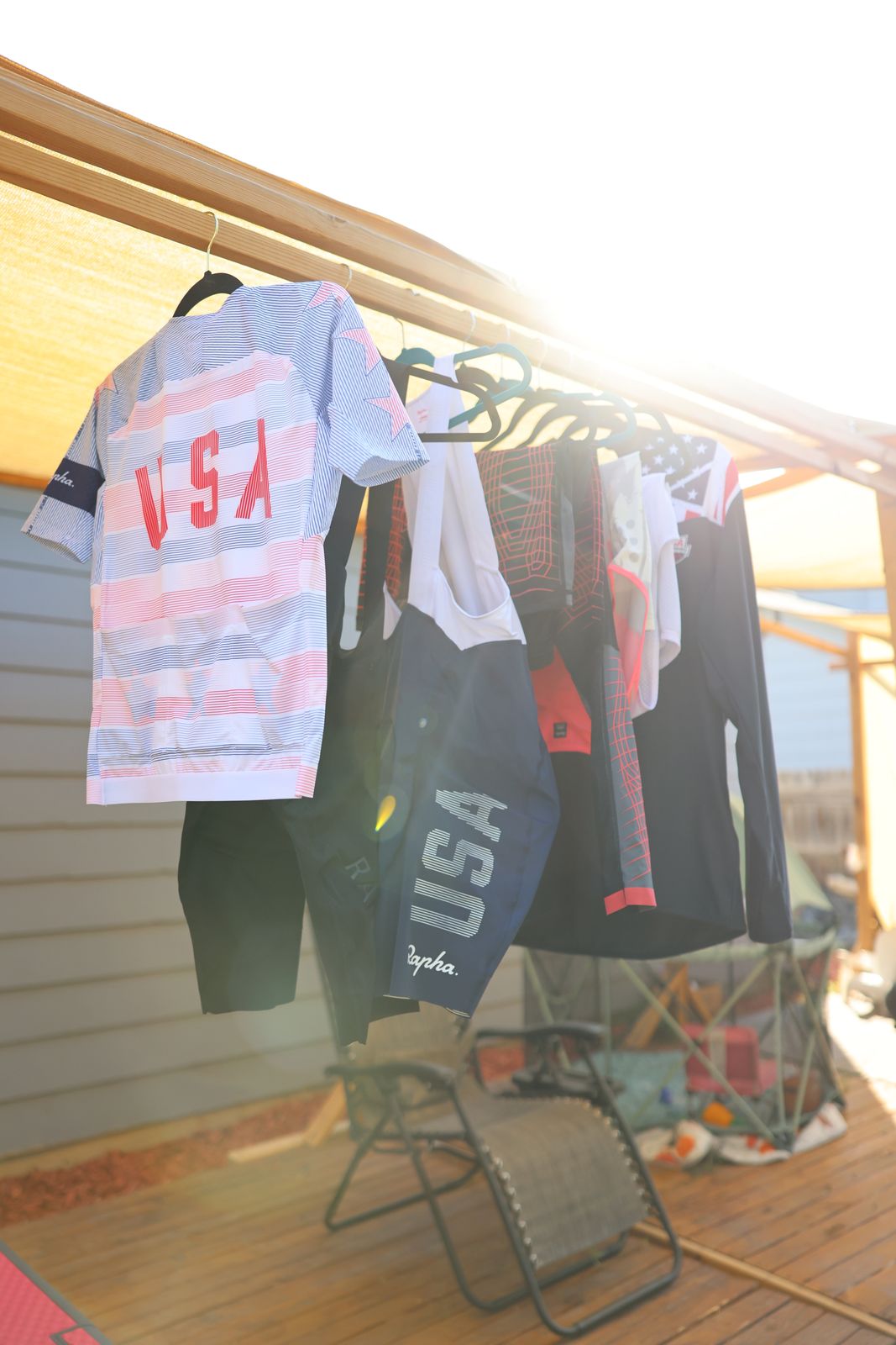 USA and race kit hanging to dry in golden evening sun